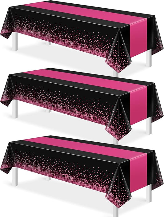 3Pcs Black Hot Pink Tablecloth Party Decorations,Plastic Black Table Cloth Printed Hot Pink Table Runner Disposable Rectangle Cover for Birthday Wedding Anniversary Graduation Party,54x108 Inch