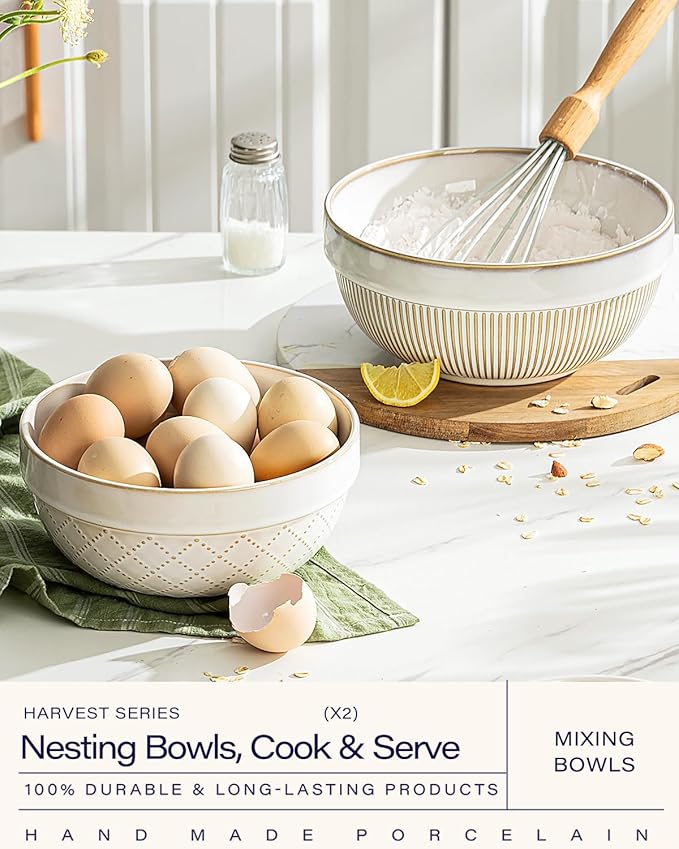 getstar Large Serving Bowls, Ceramic Salad Bowl Set of 4, Microwave and Dishwasher Safe, Farmhouse Kitchen Decorative Nesting Bowls Set (8"+7")