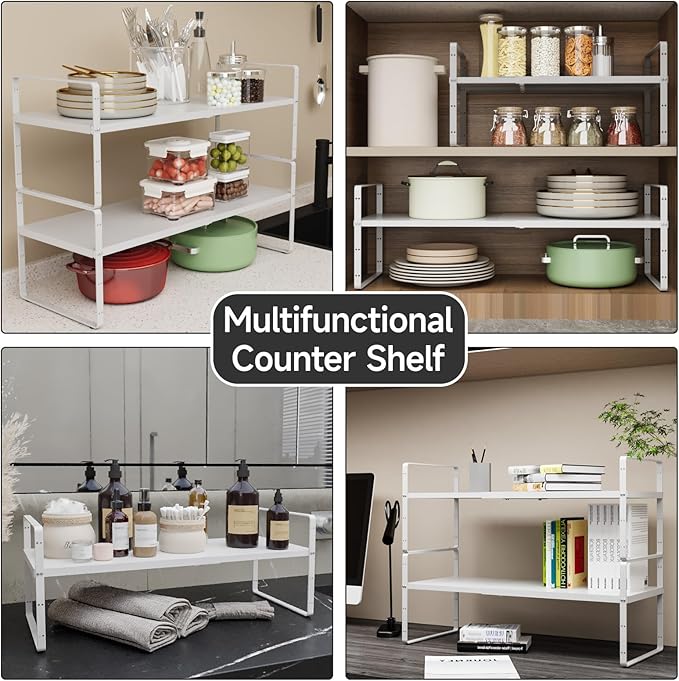 2Pack 16.5-27?쇺셂 Expandable Cabinet Shelf Organizers, Stackable Metal Shelves Extender for Kitchen Countertop Storage, Adjustable Spices Shelves Rack Stand for Cupboard Pantry, White