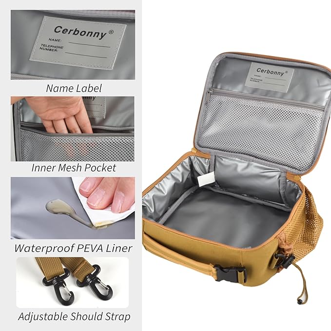 Cerbonny Kids Lunch Box, Brown, Unisex, Polyester, With Insulated Interior, Easy-Wipe Clean, 10.8"L x 4"W x 8.8"H, 4 Carrying Options