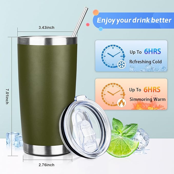 ATIKZHE 20oz Tumbler with Straw and Brush, Stainless Steel Vacuum Insulated tumbler, Double Wall Insulated Coffee Tumbler for Outdoor, Home, Travel,Office (Army Green,4pcs)
