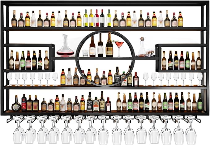 63in Wine Rack Wall Mounted, Large Capacity Hanging Wine Bottles Display Shelf with Glasses Holder, 4 Tier Industrial Bar Liquor Storage Shelves for Home Bar Kitchen,Living Room (Black, 63in/160cm)