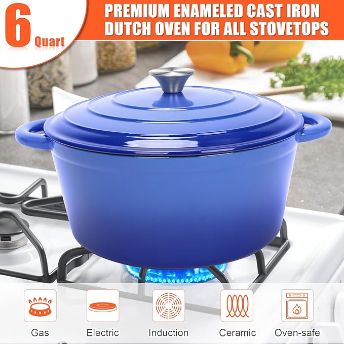 Dutch Oven for Bread Baking, 6QT Enameled Cast Iron sourdough dutch oven with Lid ??Includes Proofing Basket, Scoring Lame, Dough Whisk for Sour dough, Bread-making, Blue