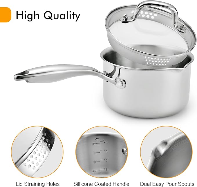 Tri-Ply Stainless Steel Sauce Pan with Steamer Basket & Straining Glass Lid ??Heavy-Duty,Thick Base,Rust-Resistant,Warp-Free ??00% Food-Grade ?볿uilt to Last??Works with All Stovetops, Pasta Pot 3.5 QT