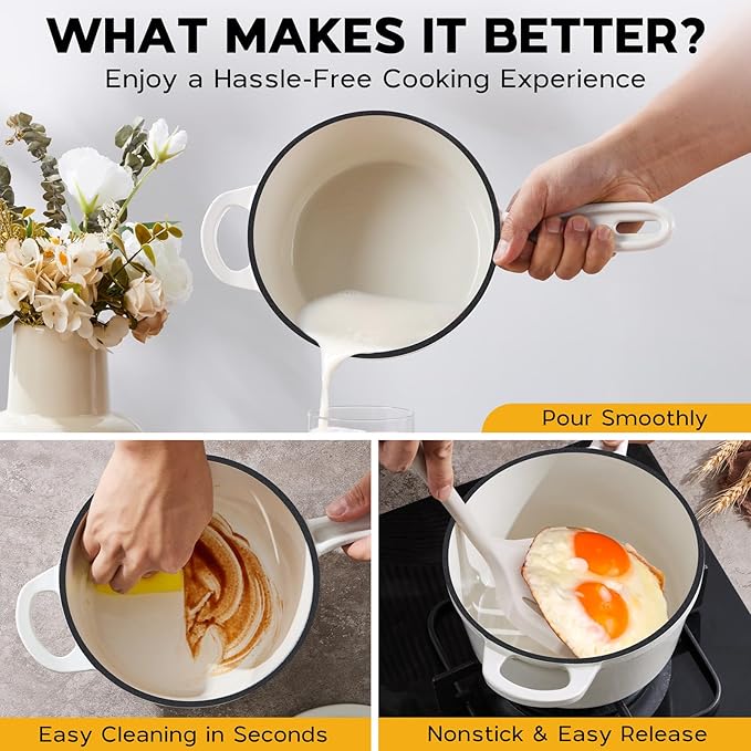 Onader 2 Quart Saucepan Dutch Oven, Enameled Cast Iron Sauce Pan Pot with Lid, Small Cooking Kitchen Pot, Nonstick & Oven Safe ??White