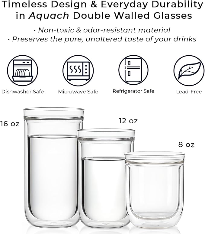 Aquach Double Wall Glass Espresso Coffee Cup 8 oz. 2pcs, Clear Drinking Glasses Insulated, Single Wall Mouth/Double Wall Body