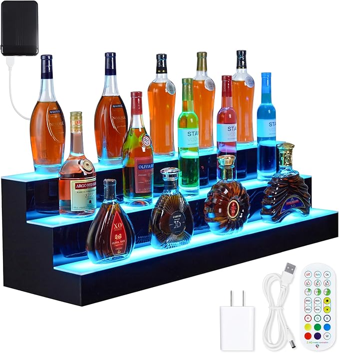 30 Inch Rectangular 2-Tier LED Lighted Liquor Bottle Display Shelf - Acrylic Wine Rack with Remote & App Control, 16 Static Colors, 1-8H Timer, USB Power, for Home Bar, Commercial Use