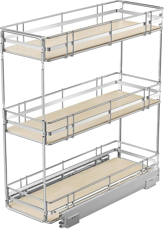 Pull Out Spice Rack Cabinet Organizer 8" W x 20쩍" D, 3 Tier Heavy Duty Slide Out Wood Shelf for Narrow Cabinet, Pull Out Storage for Kitchen