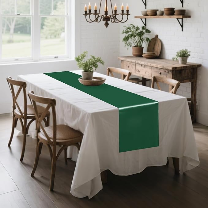 Yblut 10 Pack Satin Table Runner 12 x 108 Inch Long Dark Green Silk Table Runner for Wedding Party Banquet Birthday Decoration