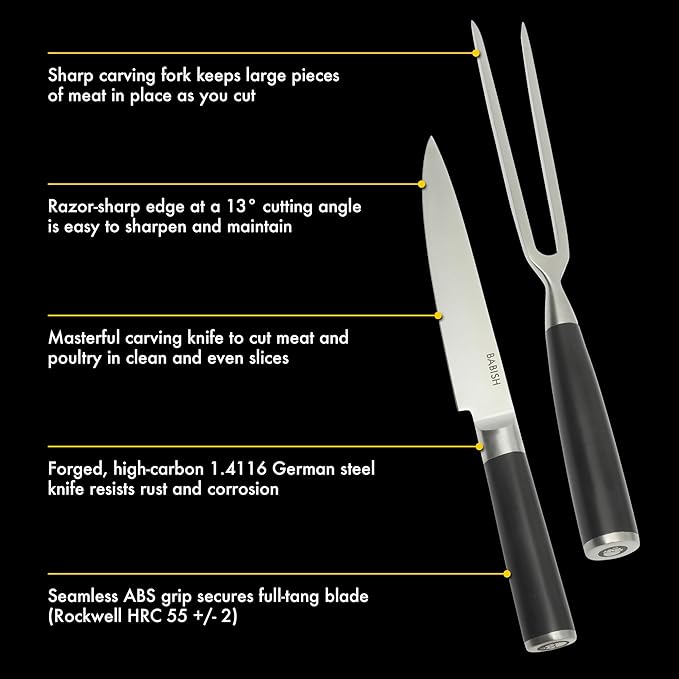 Babish 2-Piece Carving Knife and Fork Set ??8-Inch Stainless Steel Carving Knife with 6.5-Inch Fork ??Precision Cutlery for Turkey, Roast, and Meat Carving ??Ergonomic ABS Handles