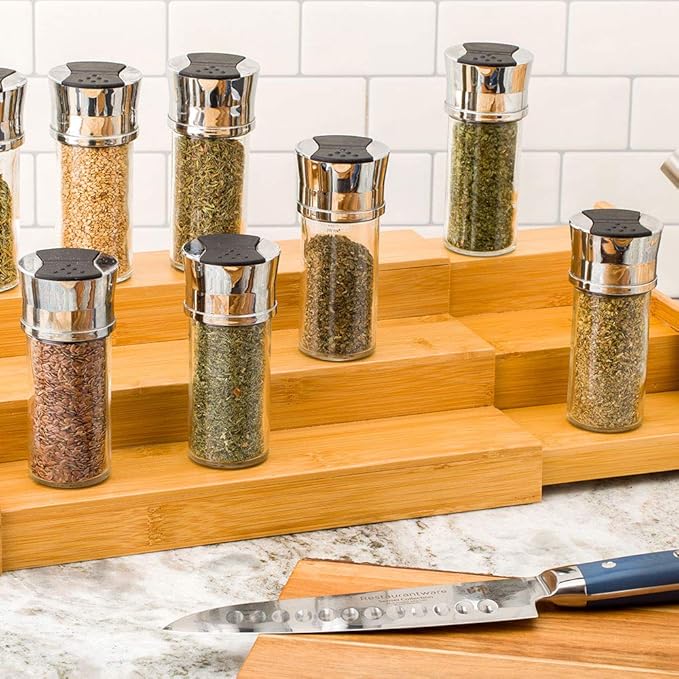 Restaurantware-12.5 x 9.75 x 4.25 Inch Spice Shelf, 1 Expandable Spice Step - 3-Tier, For Kitchen Cabinets, Pantries, Countertops, or Bathrooms, Bamboo Spice Riser, Store Seasonings or Colognes