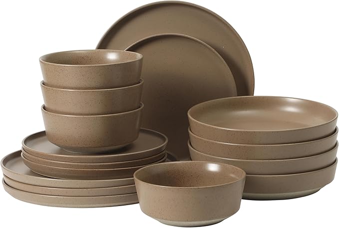 Gibson Elite Overbrook 16-Piece Pottery Clay Stoneware Dinnerware Set ??Terraccotta Brown Reactive Glaze, Stackable Plates and Bowls w/Pasta Bowl, Service for 4 ??Microwave & Dishwasher Safe