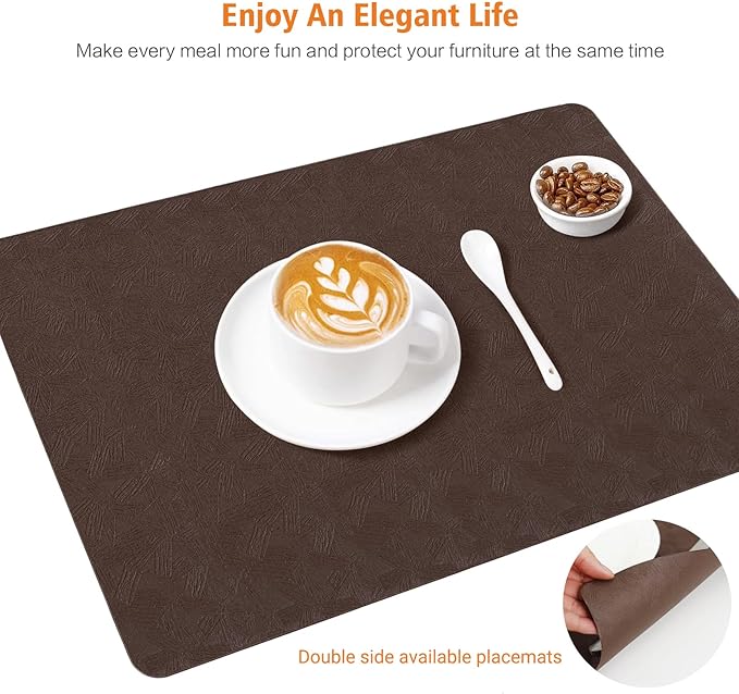 Bxzandya Vinyl Placemats Set of 12 Heat Resistant Easy Clean Non-Slip Place Mats for Dining Table Faux Leather Waterproof Stain Resistant Wipeable Washable PVC Table Mats(12, Brown)