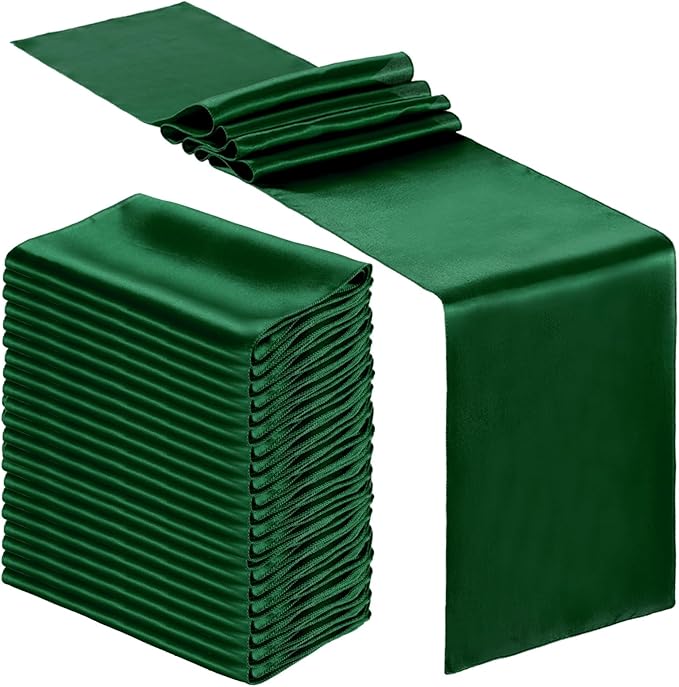 Bencailor 24 Pcs Dark Green Satin Table Runner Bulk 12 x 108 Inches Long Table Runners Bright Smooth Fabric Tablecloth for Wedding Banquet Birthday Valentines St Patrick's Day Party Decorations
