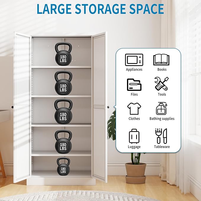 5-Tier White Steel Pantry Storage Cabinet with 2 Doors & 4 Adjustable Shelves, Tall Metal Cabinets for Kitchen, Living Room, Garage, Heavy Duty Freestanding Utility Cabinet, Assembly Require