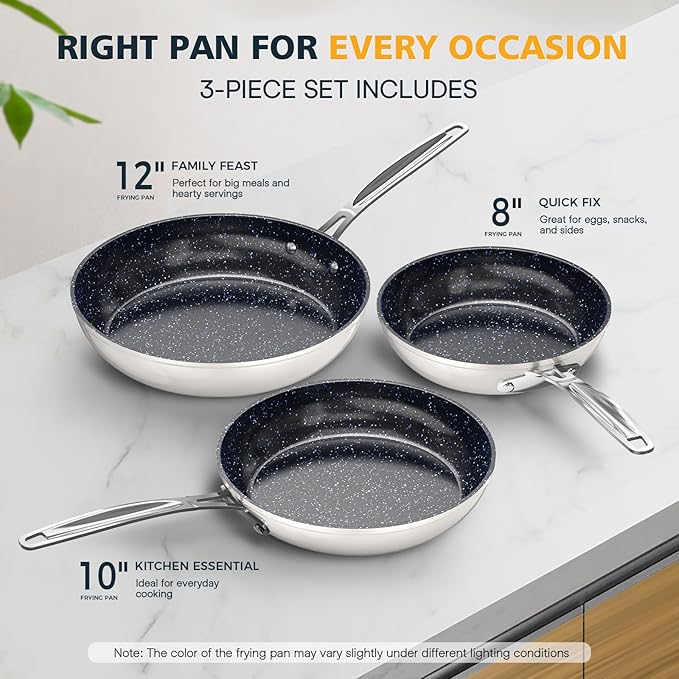 Nuwave 3-Piece 8?? 10?? 12??Forged Lightweight Frying Pan Set, G10 Healthy Duralon Blue Ceramic Ultra Non-Stick, Ergonomic Stay-Cool Handles, Induction-Ready & Works on All Cooktops