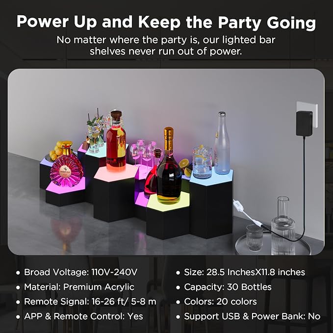 Dethan Hexagon Lighted Liquor Bottle Display Shelf - Wall-Mounted Wine Rack with Multi-Color App & Remote Control, Adjustable Brightness & Sound Modes, Acrylic Bar Shelves for Club Displays