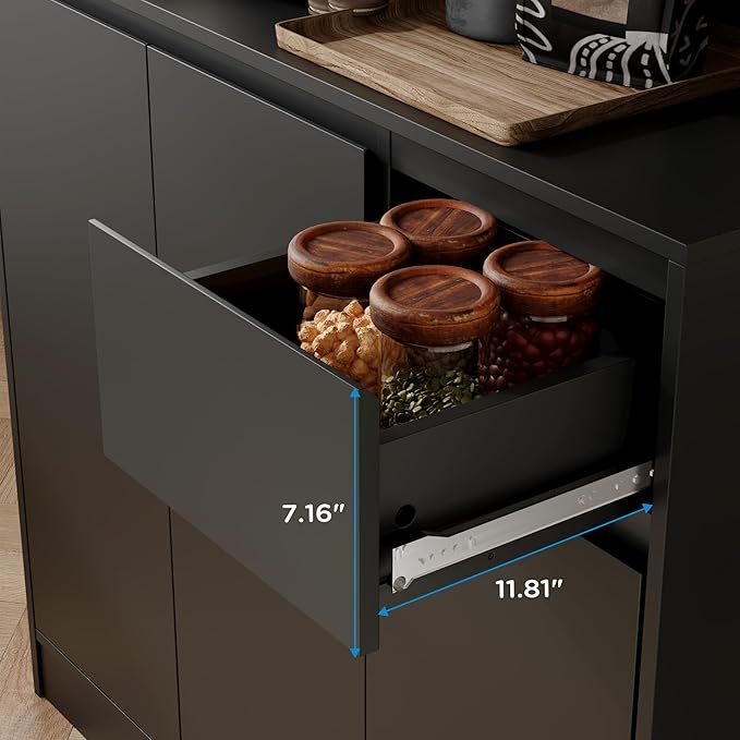 71" Tall Black Kitchen Pantry Cabinet with 6 Doors & Power Outlet, Freestanding Storage Hutch with Countertop, Adjustable Shelves for Dining Room, Laundry Room