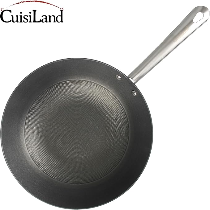 Cuisiland 12" Honeycomb Classic Cast Iron Wok ??Non-Stick Wok, Stainless Steel Long Handles, Oven Safe Cookware Classic Cast Iron Heat Retention, Less Oil Cooking