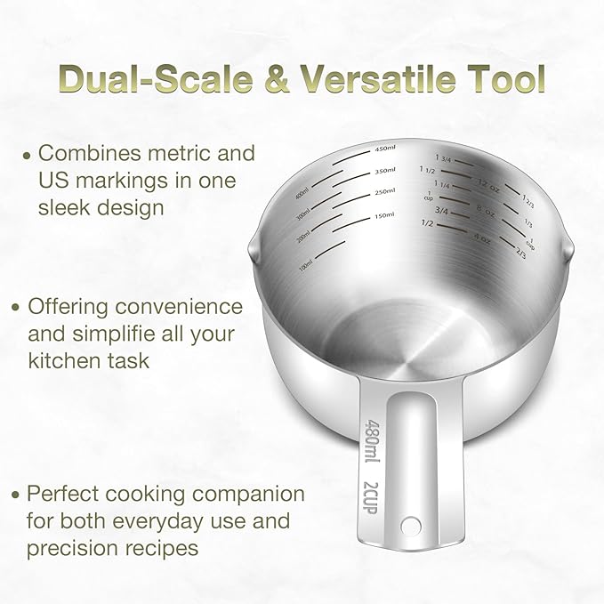 BERYLER 1PCS 2Cup (480ml, 16oz) Single Measuring Cup, Etched Inner Scale Stainless Steel Measure Scoop, Metric and US Measurement, Dishwasher Safe