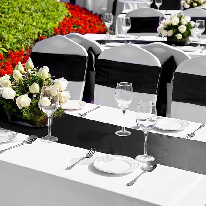 Bencailor 12 Pcs Black Satin Table Runner Bulk 12 x 108 Inches Long Table Runners Bright Smooth Fabric Tablecloth for Wedding Banquet Birthday Valentines St Patrick's Day Party Decorations