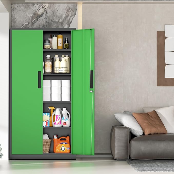 INTERGRAET 63" Tall Pantry Cabinet,Kitchen Pantry Storage Cabinets with 2 Doors and 4 Shelves,Black Green Metal Storage Cabinet,Cupboard for Home,Kitchen,Living Room/Dining