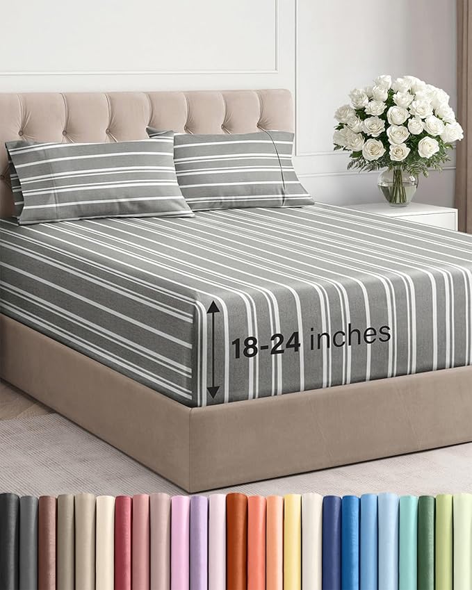 Extra Deep Twin XL Sheet Set - 4 Piece Breathable and Cooling Sheets - Hotel Luxury Bed Sheets Set - Easy Fit - Soft, Wrinkle Free and Comfy Sheets Set - Grey Striped Sheet Set with Extra Deep Pockets