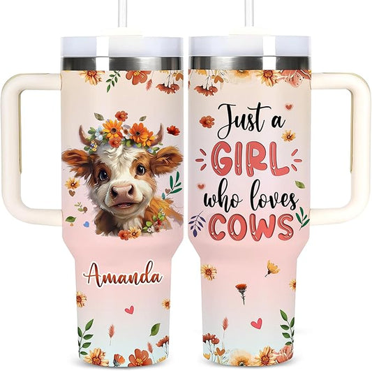 AGGLOMEKC Personalized Cute Cow Cup - Mother's Day Birthday Gift For Animal Lovers - Just A Girl Who Loves Cow Tumbler 40oz With Custom Name - Pet Lover Gifts For Women, Her