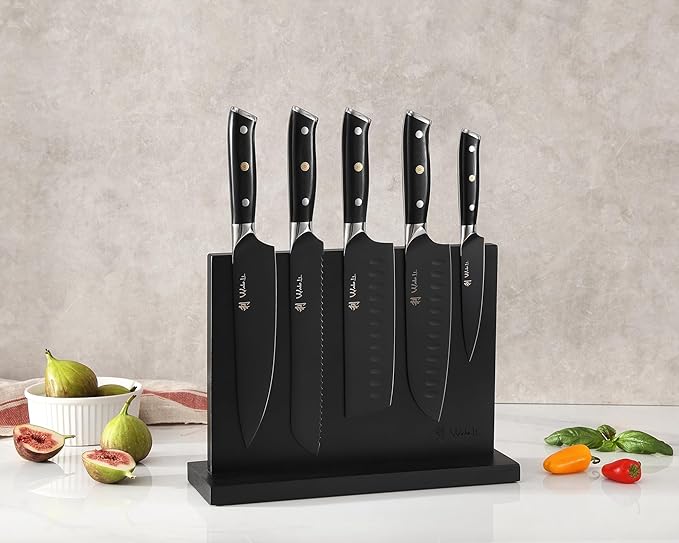 Wakoli Titanium Noir Knife Block Set ??5-Piece Chef Knife Set with Magnetic Acacia Block | 5Cr15MoV Stainless Steel Blades with Black Titanium Coating | Ergonomic G10 Handles | Kitchen Knives Gift Set