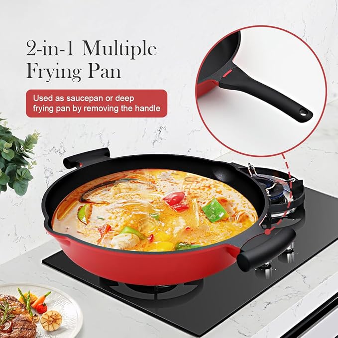 2-In-1 Nonstick Deep Frying Pan Skillet, 12.5 Inch Saute Pan with Lid Non Toxic, PTFE & PFOA Free, Compatible with All Stovetops-Red