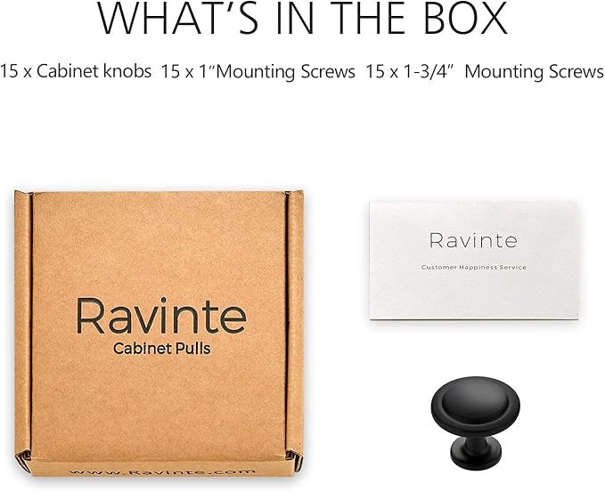 Ravinte 15 Pack 1-1/4 inch Kitchen Cabinet Knobs Matte Black Dresser Zinc Pulls Door Drawer Handles for Dresser Drawers