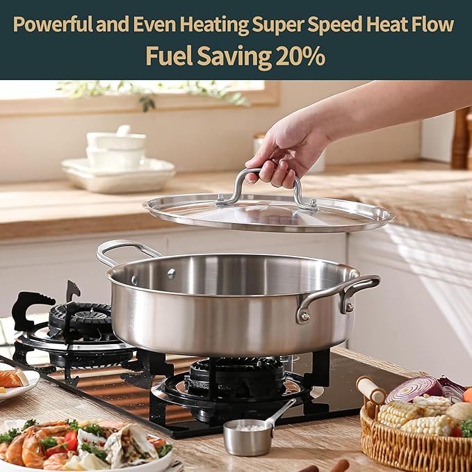 Saute Pan with Lid, 5 Quart Tri-Ply Stainless Steel Saute Pan, 12inch Deep Frying Pan with Lid, Large Skillet, Rondeau Pot Compatible with All Cooktops Up to 600℉