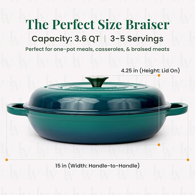 Larder & Vine Enameled Cast Iron Braiser | 3.6 qt Braiser Pan with Lid | Shallow Dutch Oven Compatible on All Cooktops | Casserole Dish Oven Safe to 500째 F | Dual Handles | Bondi