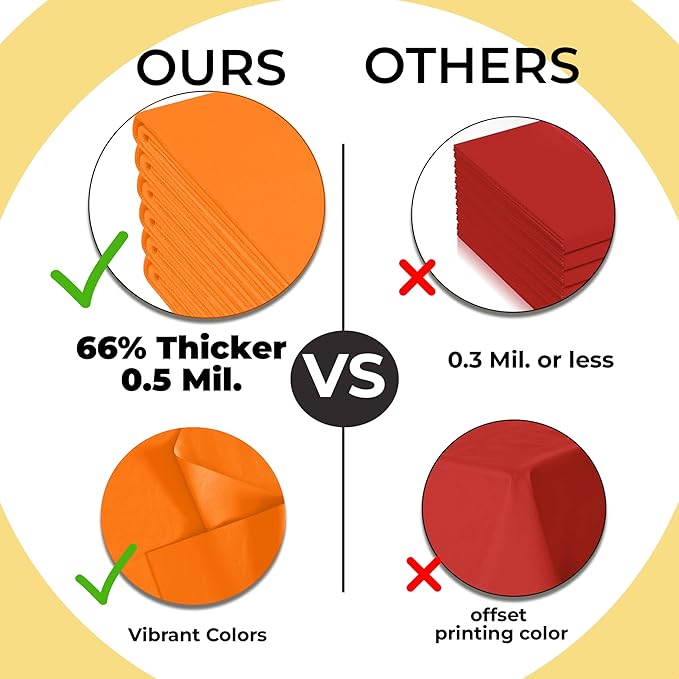 Exquisite 66% Thicker Premium Plastic Table Cloth Rectangle Table Cover 0.5 Mil 6 Pack Orange Table Cloth 54 Inch x 108 Inch Disposable Tablecloth Won't Tear Easily Like Cheap Thin Brands