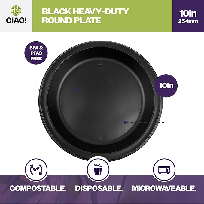CIAO! 10.25" Black Heavy Weight Plastic Plate Mineral Filled Polypropylyne MFPP (Case of 400)