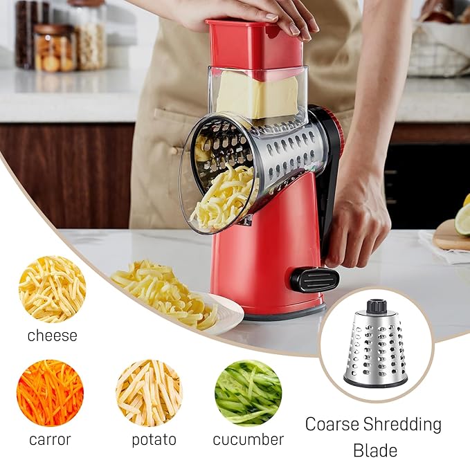 Weltonhm Rotary Cheese Graters with 4 Blades, Hand Crank Cheese Grater with Waffle Slicer, Red, Black and White Cheese Shredder with Suction Base, Easier for Shredding & Grating (Red, 4 Graters)