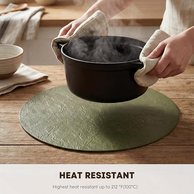 Artoid Mode Olive Green Faux Leather Placemats Set of 4, 15 Inch Waterproof Wipeable Heat Resistant Place Mats, Reversible Table Mats for Kitchen Dining Decor