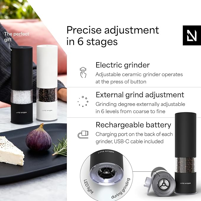 LARS NYS횠M Electric Salt and Pepper Grinder Set I Automatic Salt and Pepper Mills with Adjustable Ceramic Grinder I USB Rechargeable Electric Spice Mill Set with LED Light (Carbon Black)
