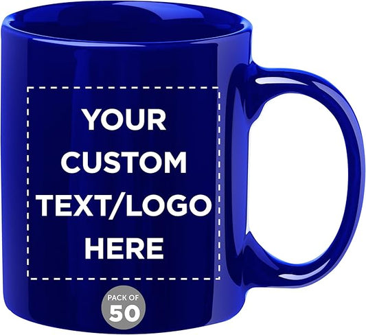 Custom Ceramic Coffee Mugs 11 oz. Set of 50, Personalized Bulk Pack - Coffee cup set, Iced coffee cup, Gaming mug - Cobalt Blue