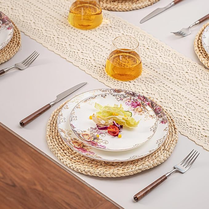 FHGNYSM Dinnerware Sets, Plates Set, with Bowels, Artistic 12-Piece Ceramic Dinnerware, for Home Restaurant, Chip and Scratch Resistant, Microwave and Dishwasher Safe, Rose Collection