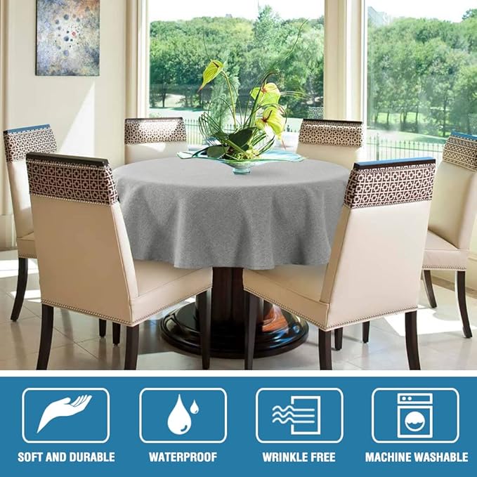 H.VERSAILTEX Linen Textured Tablecloth Round 60 inch Waterproof Decorative Table Cloth Spill-Proof Linen Look Cover for Party Table Extra Soft and Thick Fabric Wrinkle Free, Heather Gray