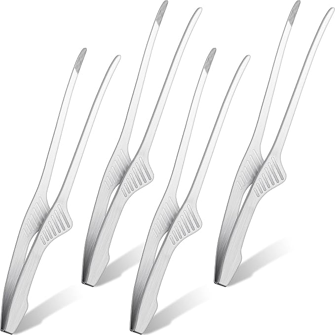 Patelai 4 Pieces Korean and Japanese BBQ Tongs Non Slip Cooking Utensils Stainless Steel Tongs for Serving Food, Salad, Camping, Barbecue, Buffet, Oven with Support Stand (Silver)