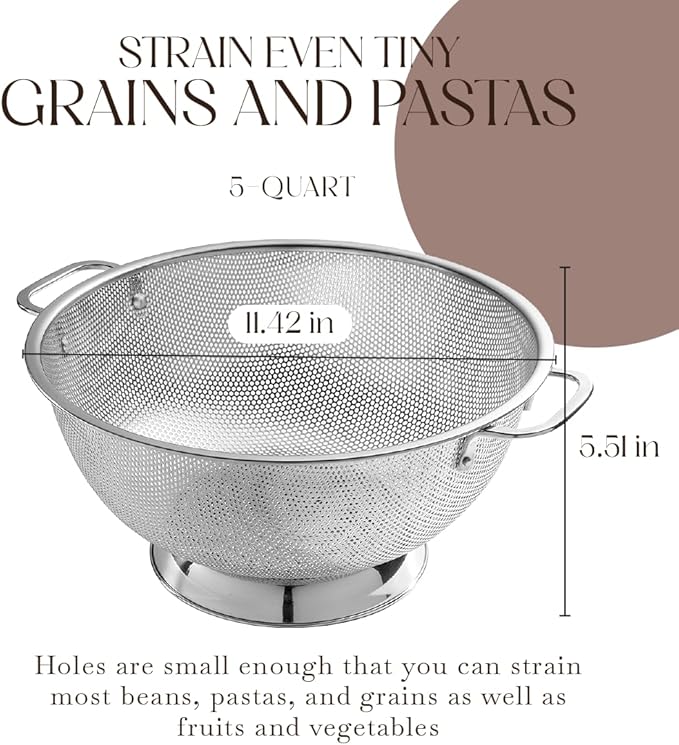 Bellemain Colander for Kitchen ??5 Qt Stainless Steel Strainer with Handle - 18/8 Pasta Strainer Bowl for Pasta, Spaghetti, Vegetables, Fruit, and Pot Draining - Stainless Steel Colander