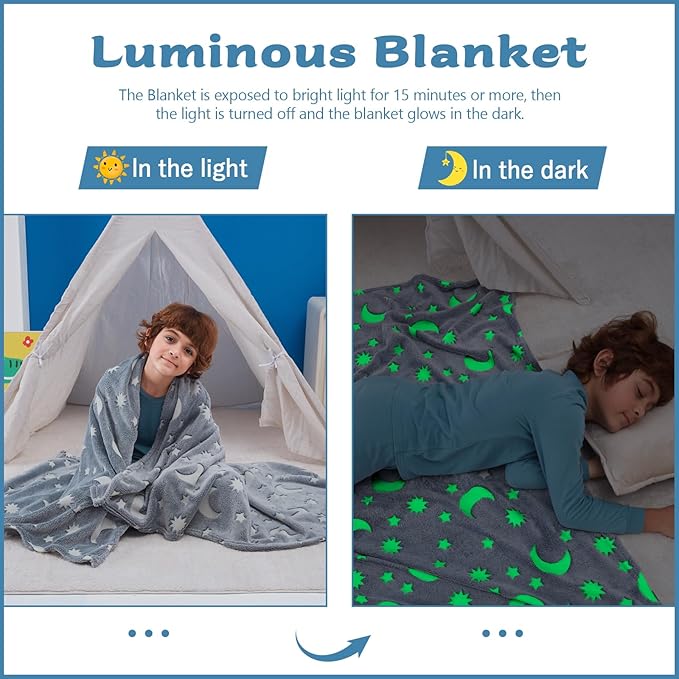 QSTEHEML Moon Glow in The Dark Blanket,Star Gifts Toys for Kids Boy Birthday Christmas Bedroom Decor for Age 3-12 Years Old Toddler Teens Child Grandkids Soft Luminous Blanket 50"횞60"