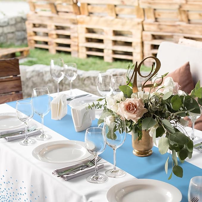 12Pcs White Light Blue Tablecloth Party Decorations,Plastic White Table Cloth Printed Baby Blue Tables Runner Disposable Rectangle Table Cover for Birthday Baby Shower Wedding Party,54 x108 Inch