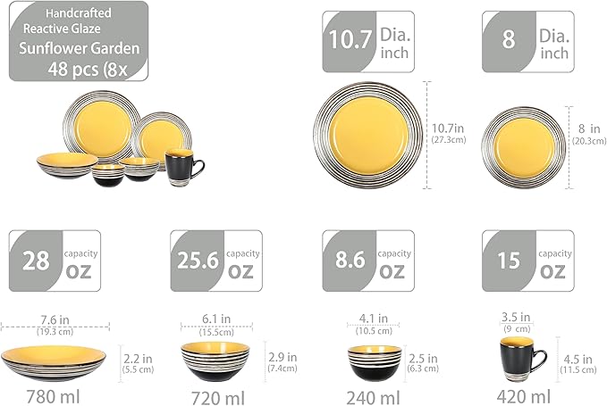 48 Piece Dinnerware Set, Ceramic Plates and Bowls Sets for 8, Microwave and Dishwasher Safe, Handcrafted Tree Bark Series Dish Set, Sunflower/Yellow