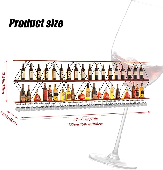Large Wine Rack Wall Mounted Solid Wood DIY Floating Bar Liquor Bottles Storage Rack Hanging Holder Wine Bottle Racks for Home Bar Dining Room Decorative (59in/150cm)