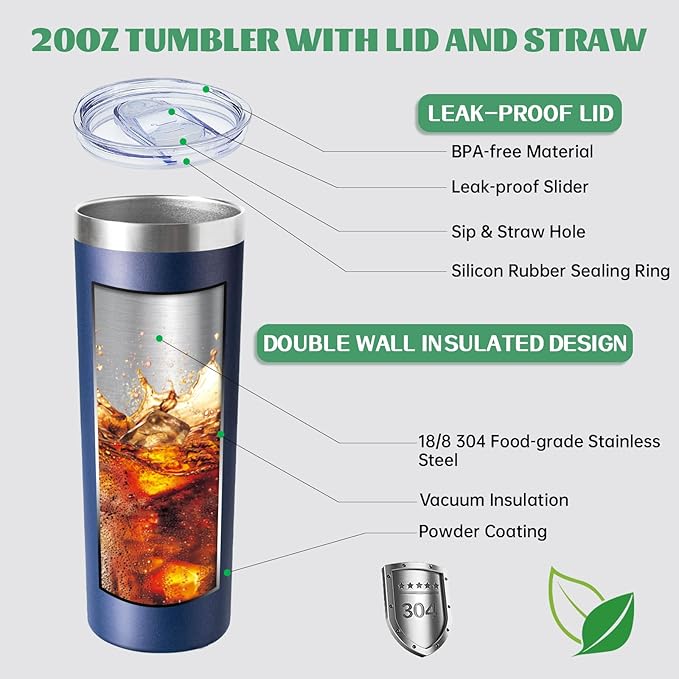 FristChoice 20 oz Skinny Tumbler with Lid and Straw,Stainless Steel Vacuum Insulated Tumbler Cup Double Wall Leak-proof Coffee Mug,Travel Thermal Water Tumbler for Home,Office,Outdoor(Navy Blue,8)
