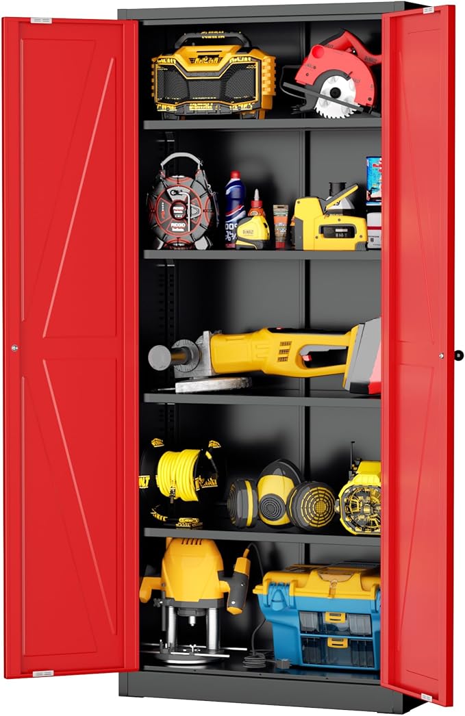INTERGRAET 63" H Pantry Cabinet, Kitchen Pantry Storage Cabinets with 2 Doors and 4 Shelves, Black Red Metal Storage Cabinet,Cupboard for Home,Kitchen,Living Room/Dining