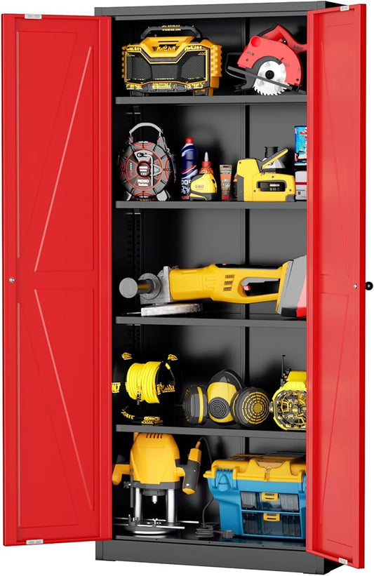 INTERGRAET 63" H Pantry Cabinet, Kitchen Pantry Storage Cabinets with 2 Doors and 4 Shelves, Black Red Metal Storage Cabinet,Cupboard for Home,Kitchen,Living Room/Dining